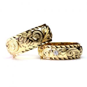 結婚指輪 ゴールドペアリング デュアルトーン ダイヤモンドカットエッジ ダイヤモンドプルメリア ホヌ 幅6mm 8mm