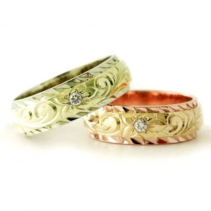 結婚指輪 デュアルトーン ダイヤモンドカットエッジ 幅6mm グリーン ピンク