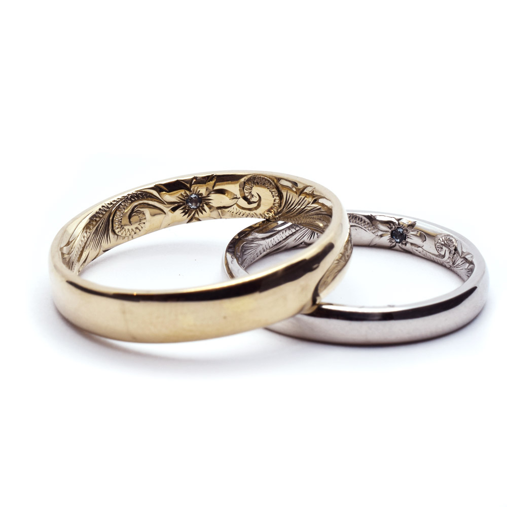 ハワイアンジュエリー K18 グリーンゴールド プラチナ ダイヤモンド サファイア 結婚指輪 ペアリングセット ウェリアナ 絵柄 トロピカル プルメリア 内彫り 作例10