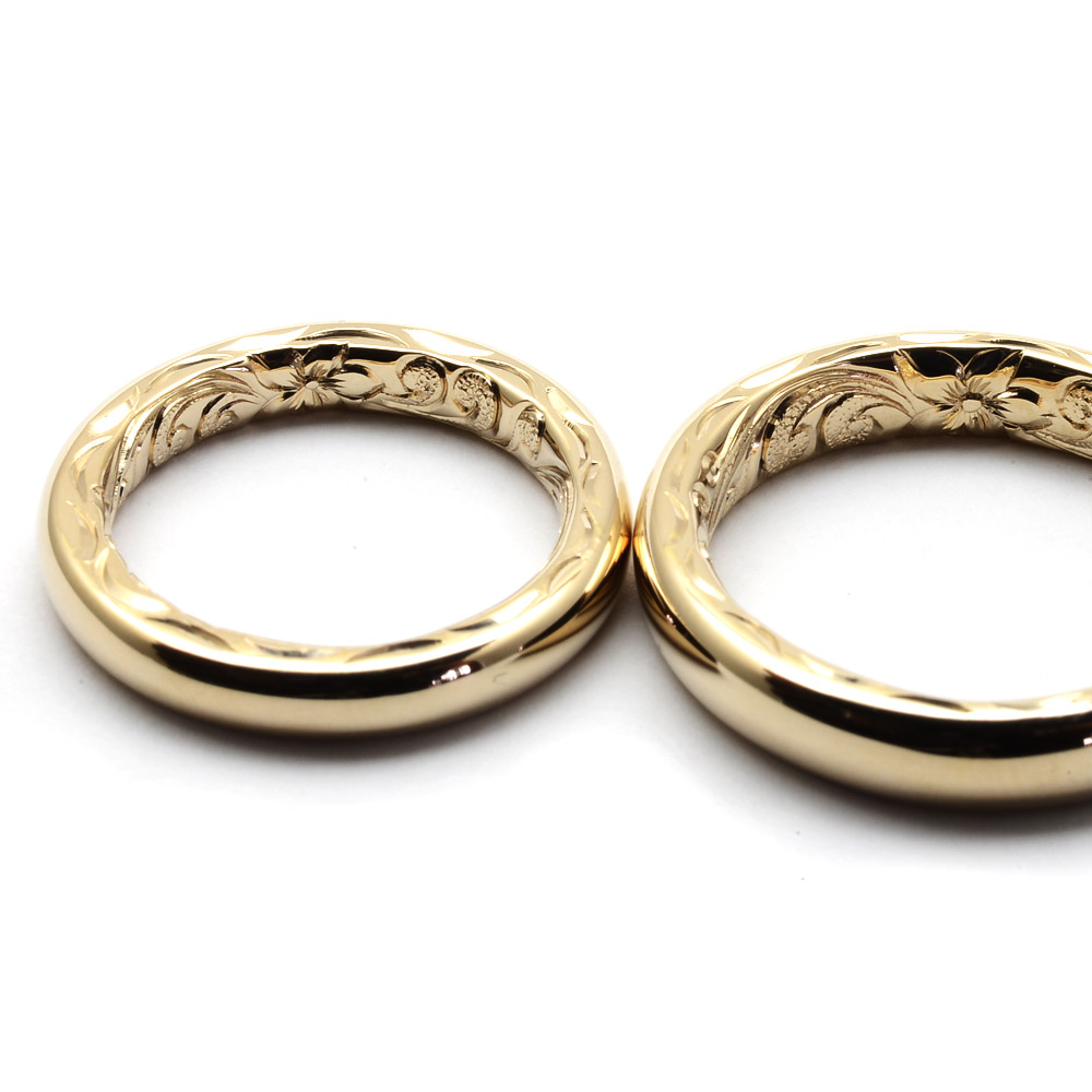 ハワイアンジュエリー K18 イエローゴールド 結婚指輪 ペアリングセット ウェリアナ 厚め 絵柄 カレイキニ プルメリア 内彫り 側面ウェーブ 作例7