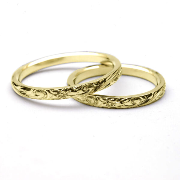 ハワイアンジュエリー 結婚指輪 ペアリングセット K14 イエローゴールド 幅2mm ウェリアナ 絵柄 トロピカル プルメリア