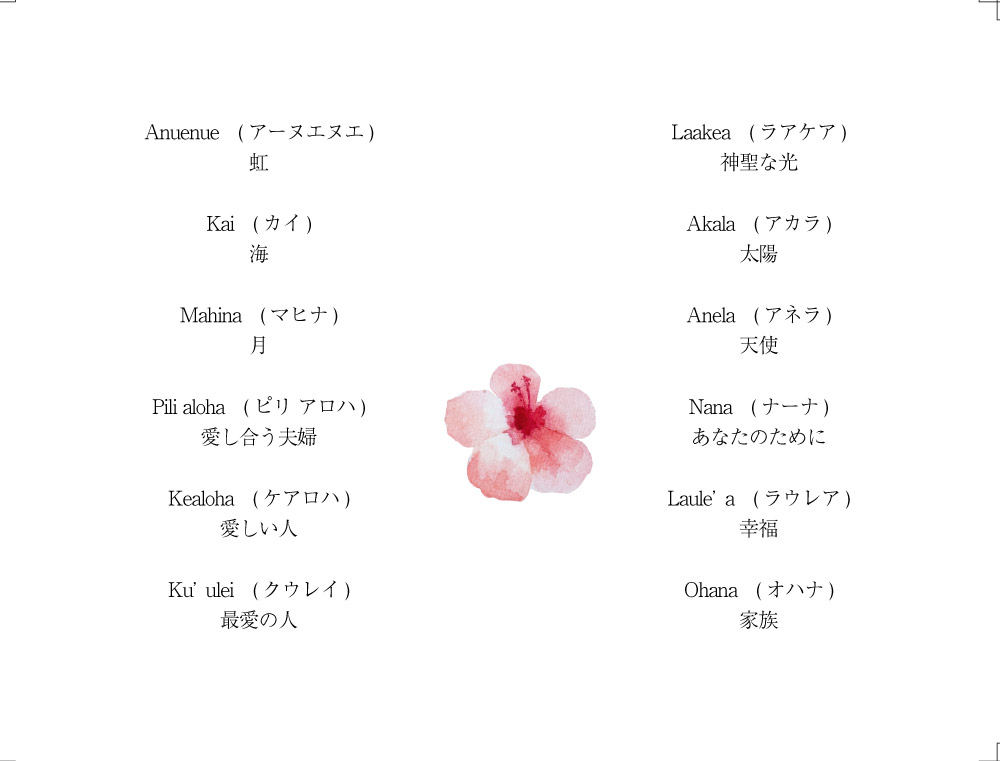 美しいハワイの言葉 ウェリアナ ハワイアンジュエリー結婚指輪　文字刻印参考例